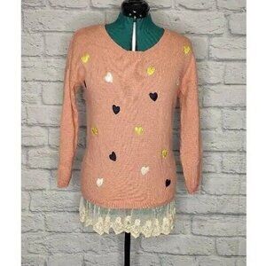 LA Chapelle Womens Pullover Sweater Orange Heart Long Sleeve Scoop Neck Bow S